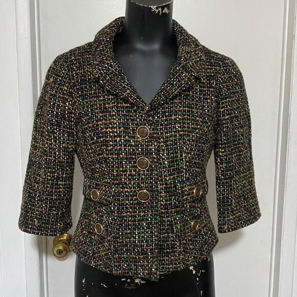 LOFT Petite Tweed Jacket in Green Brown Size 4P - Picture 1 of 5